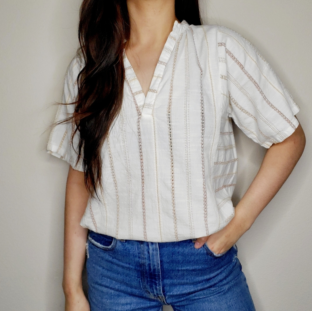 Ace & Jig White Striped Embroidered V Neck Cotton Oversized Short Sleeve Top